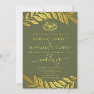 Convites Casamento Islâmico Elegante em Dourado e Verde Mus