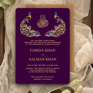 Convites Casamento Islâmico Elegante Pavão Roxo e Dourado