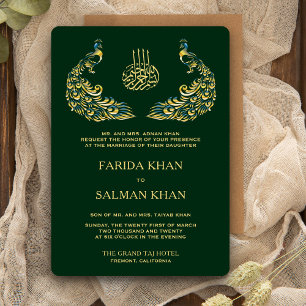 Convites Casamento Islâmico Elegante Verde e Dourado Pavã