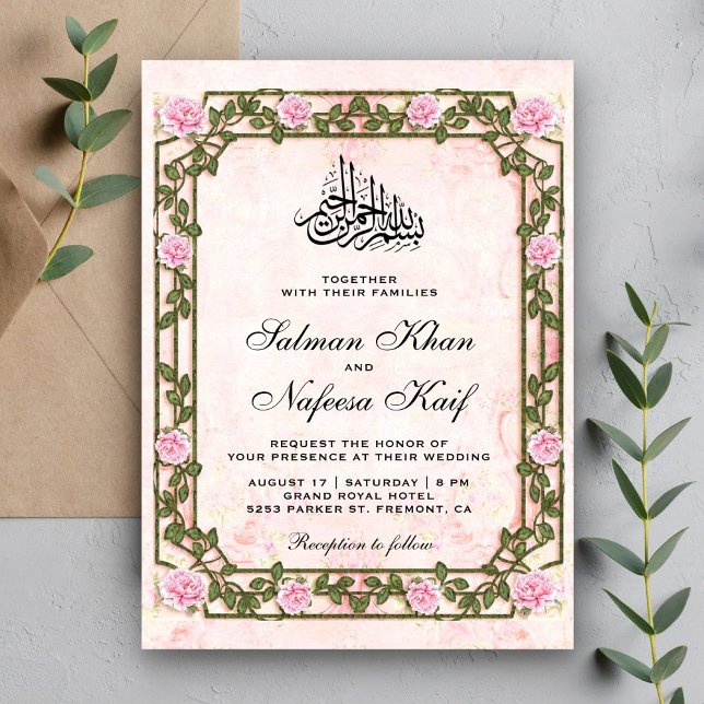 Convites Casamento Islâmico Elegante Vintage Rústico Rosas  (Criador carregado)