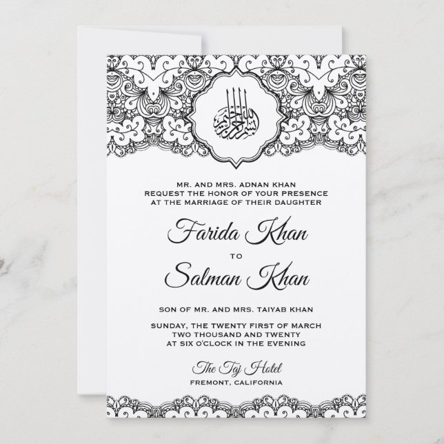 Convites Casamento Islâmico em Feltro com Renda Preta Vinta (Frente)