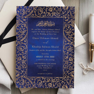 Convites Casamento Islâmico em Veludo Azul e Dourado Floral