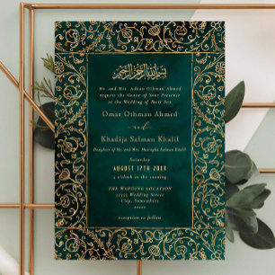 Convites Casamento Islâmico em Veludo Verde e Dourado Flora