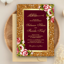 Convites Casamento Islâmico Floral Burgundy Brilho Dourado
