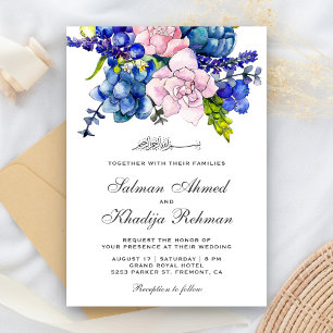 Convites Casamento islâmico floral da aguarela cor-de-rosa