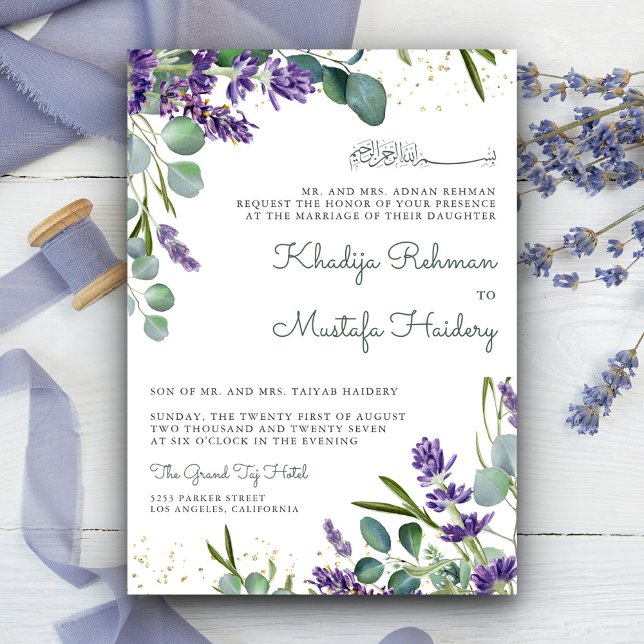 Convites Casamento Islâmico Floral de Lavanda Eucalipto Rús (Criador carregado)