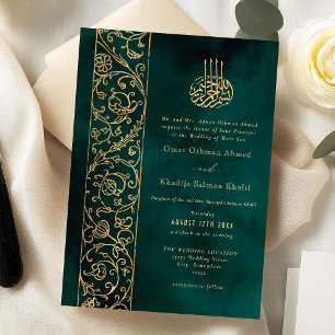 Convites Casamento Islâmico Floral Dourado e Verde Chic Orn
