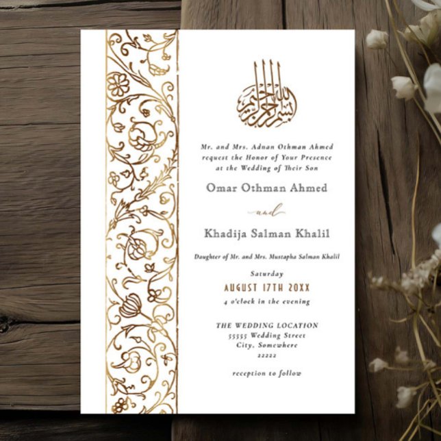 Convites Casamento Islâmico Floral Dourado Ornate Chic (Criador carregado)