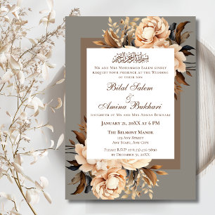 Convites Casamento Islâmico Floral Elegante Creme e Brown