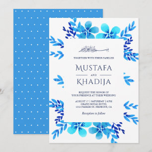 Convites Casamento Islâmico Floral em Aquarela Azul Brilhan