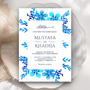 Convites Casamento Islâmico Floral em Aquarela Azul Brilhan