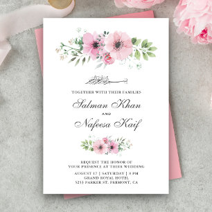 Convites Casamento Islâmico Floral em Aquarela Rosa Corada