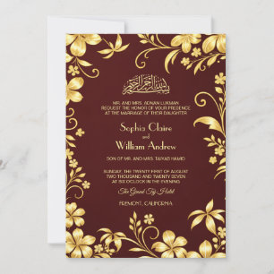 Convites Casamento Islâmico Floral em Vermelho Borgonha e D