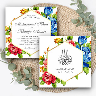 Convites Casamento Islâmico Floral Geométrico Dourado Falso