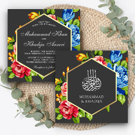 Convites Casamento Islâmico Floral Geométrico Dourado Falso