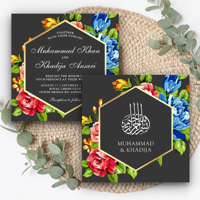 Convites Casamento Islâmico Floral Geométrico Dourado Falso (Criador carregado)