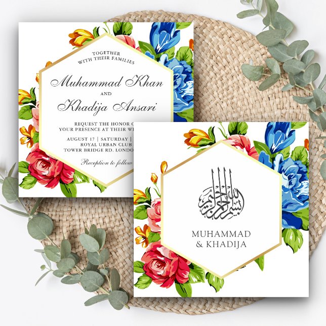 Convites Casamento Islâmico Floral Geométrico Dourado Falso (Criador carregado)