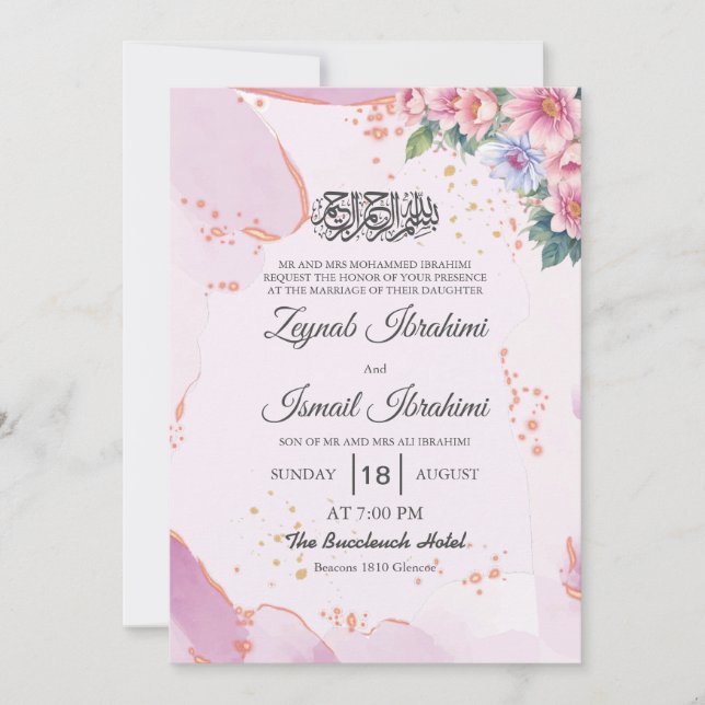 Convites Casamento Islâmico Floral Islâmico, azul-rosa Eleg (Frente)