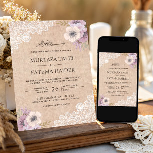 Convites Casamento Islâmico Floral Rosa com Renda em Lona R