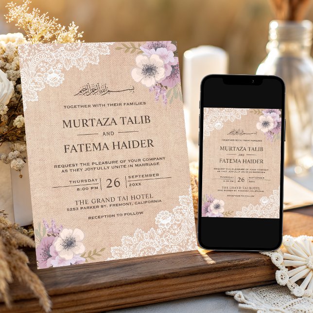 Convites Casamento Islâmico Floral Rosa com Renda em Lona R (Criador carregado)