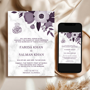 Convites Casamento Islâmico Floral Roxo Escuro Mármore Bran