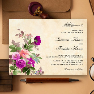 Convites Casamento Islâmico Floral Roxo-Russo Vintage