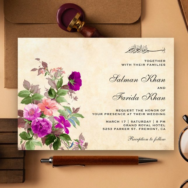 Convites Casamento Islâmico Floral Roxo Rústico Vintage (Criador carregado)