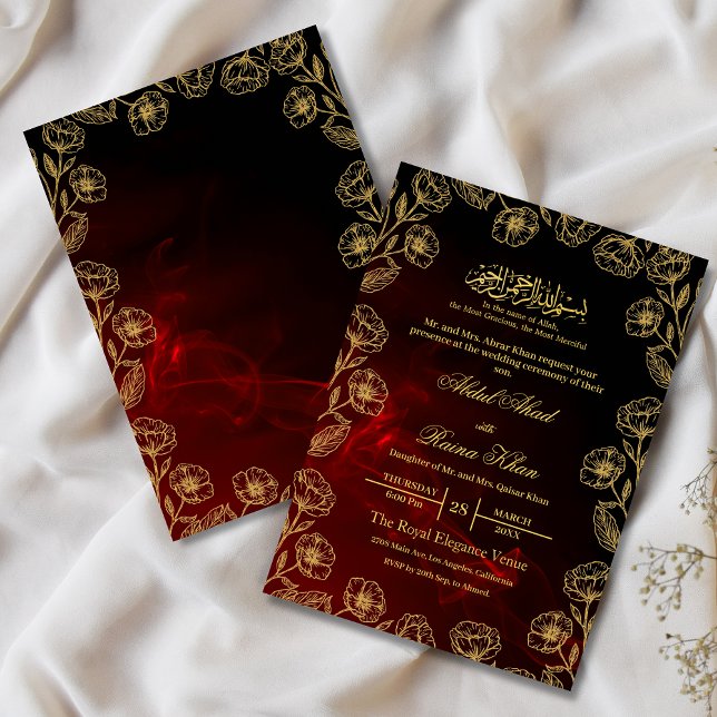 Convites Casamento Islâmico Floral Vermelho E Dourado (Criador carregado)