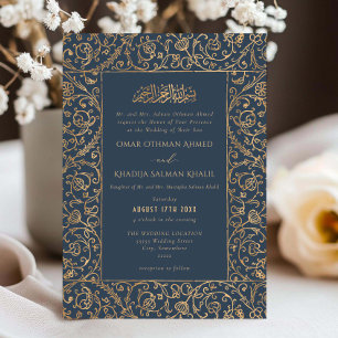 Convites Casamento Islâmico Floral Vintage Dourado e Azul M