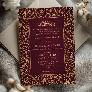 Convites Casamento Islâmico Floral Vintage Dourado e Borgon