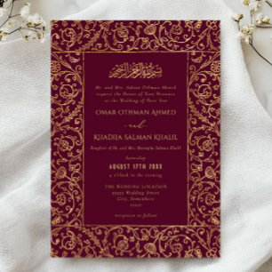 Convites Casamento Islâmico Floral Vintage Dourado e Borgon