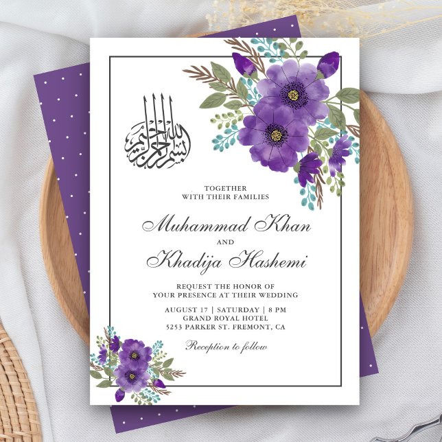 Convites Casamento Islâmico Floral Violeta Desbotado em Aqu (Criador carregado)