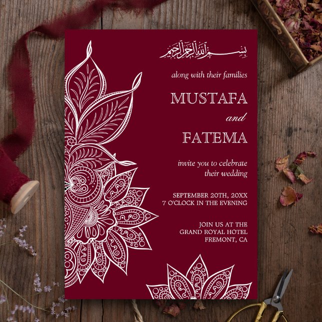 Convites Casamento Islâmico Henna Mehendi Borgonha (Criador carregado)