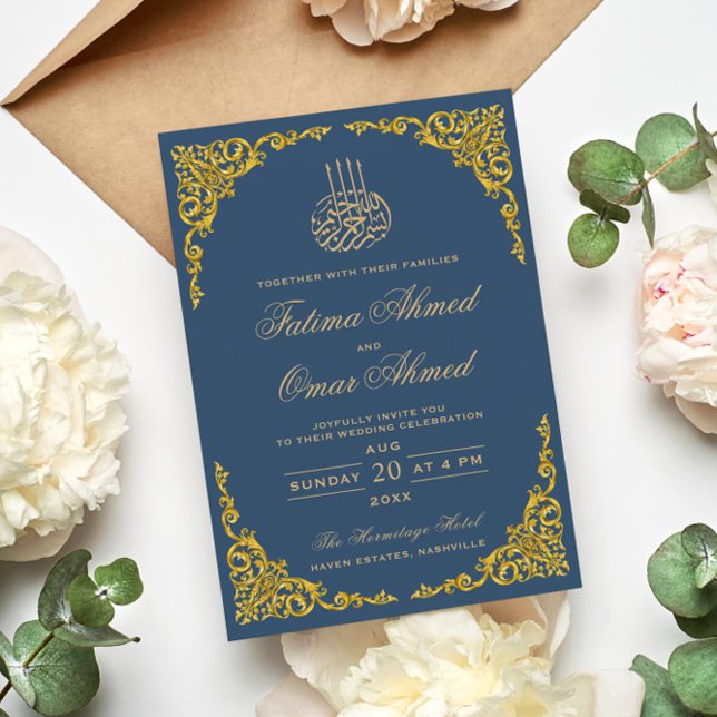 Convites Casamento Islâmico Islâmico Azul da Fronteira Dour (Criador carregado)