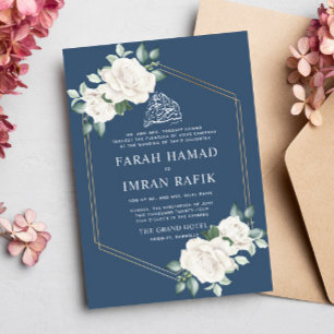 Convites Casamento Islâmico Islâmico Azul - Frame Floral -