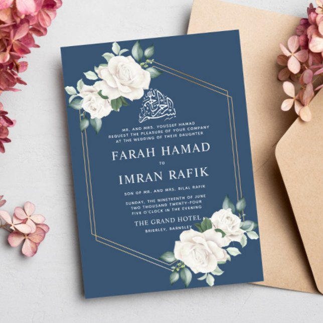 Convites Casamento Islâmico Islâmico Azul - Frame Floral -  (Criador carregado)