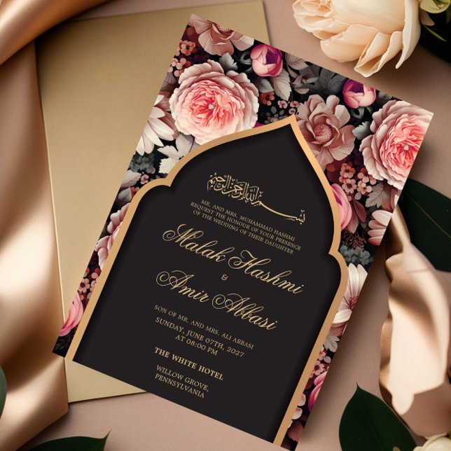 Convites Casamento Islâmico Islâmico Elegante Floral e Mesq (Criador carregado)