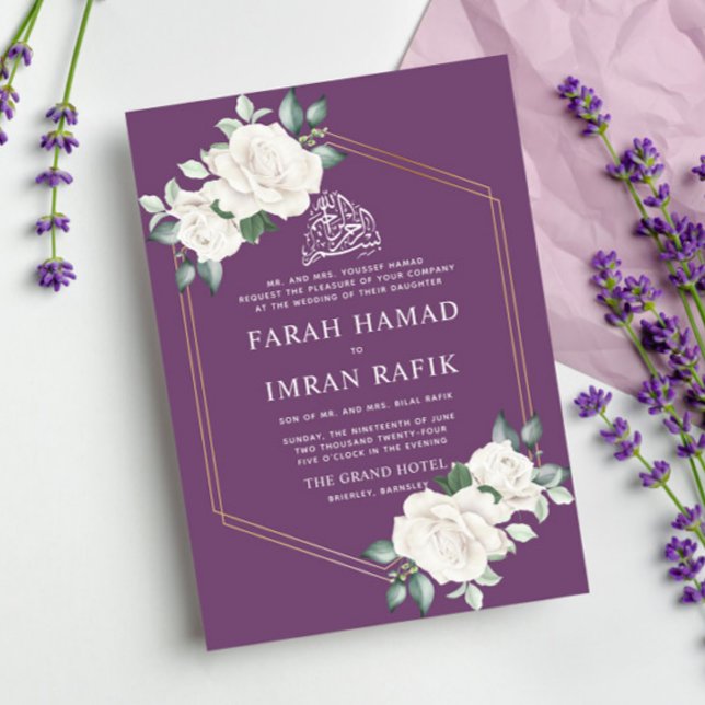 Convites Casamento Islâmico Islâmico Roxo da Moldura Foral  (Criador carregado)
