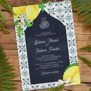 Convites Casamento Islâmico Limão Mosaico Persa Azul Marinh