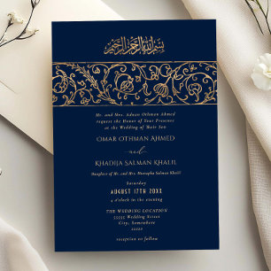 Convites Casamento Islâmico Luxuoso Floral Dourado Azul Mar