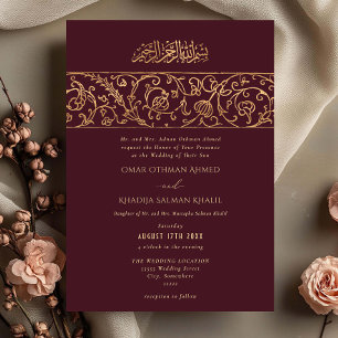 Convites Casamento Islâmico Luxuoso Floral Dourado Vermelho