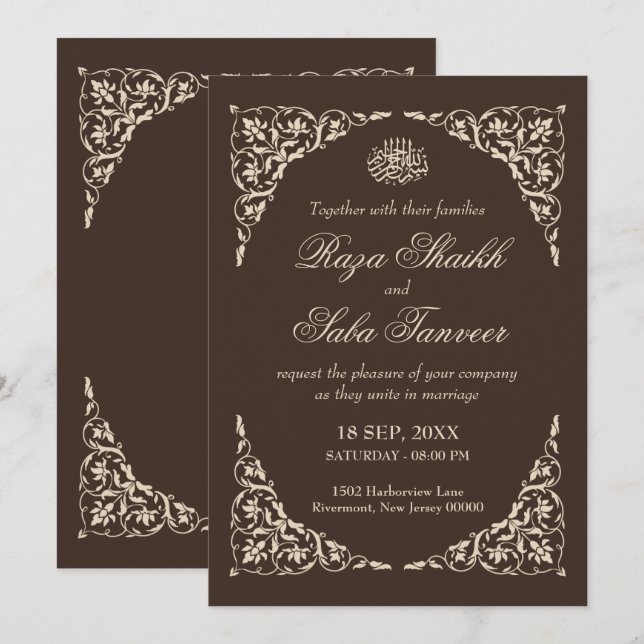 Convites Casamento Islâmico Marrom Espresso (Frente/Verso)