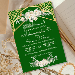 Convites Casamento Islâmico Mínimo Floral Dourado Verde