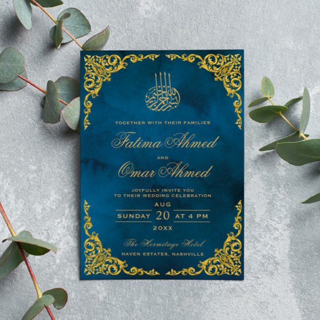 Convites Casamento Islâmico Muçulmano Azul com Borda Dourad (Criador carregado)