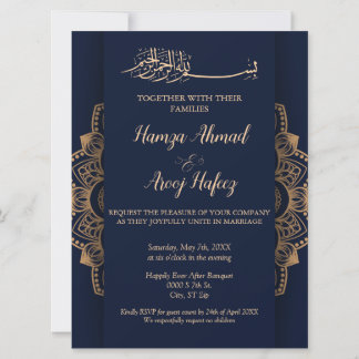 Convites Casamento Islâmico Muçulmano Azul e Dourado Elegan