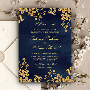 Convites Casamento Islâmico Muçulmano Azul Naval Floral Dou