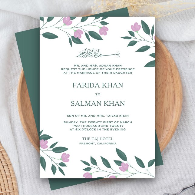 Convites Casamento Islâmico Muçulmano com Galhos Rosa e Ver (Criador carregado)