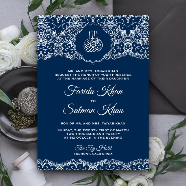 Convites Casamento Islâmico Muçulmano com Renda Azul Marinh (Criador carregado)