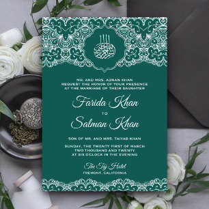 Convites Casamento Islâmico Muçulmano com Renda Azul-Verde
