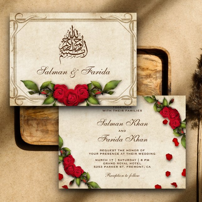 Convites Casamento Islâmico Muçulmano com Rosas Vermelhas R (Criador carregado)